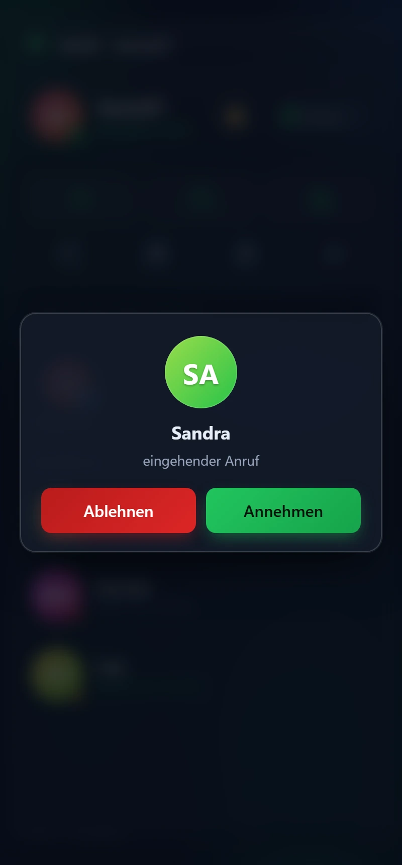 Eingehender Anruf in AhOh mit Avatar sowie Ablehnen und Annehmen