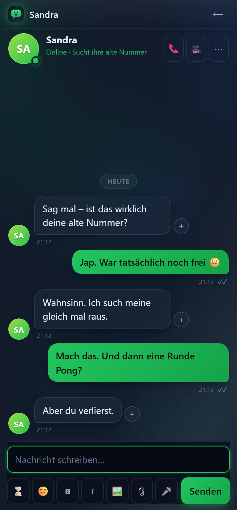 Chatfenster in AhOh mit Nachrichten, Uhrzeit und blauen Lesehaken