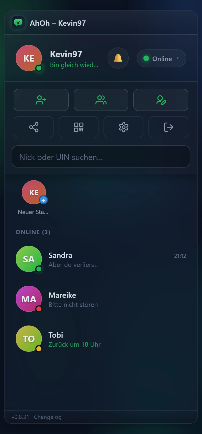 Kontaktliste in AhOh: eigener Status oben, darunter Kontakte mit Online, Abwesend und Bitte nicht stören